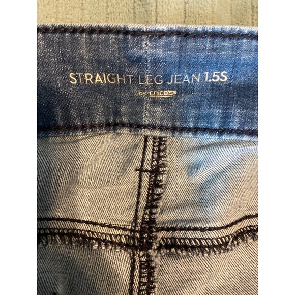 Chicos Straight Leg Jeans 1.5S Blue Leaf Pattern Cotton Blend Womens Pants - Picture 3 of 8